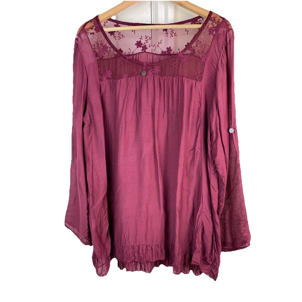 Women's L Burgundy Floral Embroidered Silk Viscose Tunic Top Made in Italy
